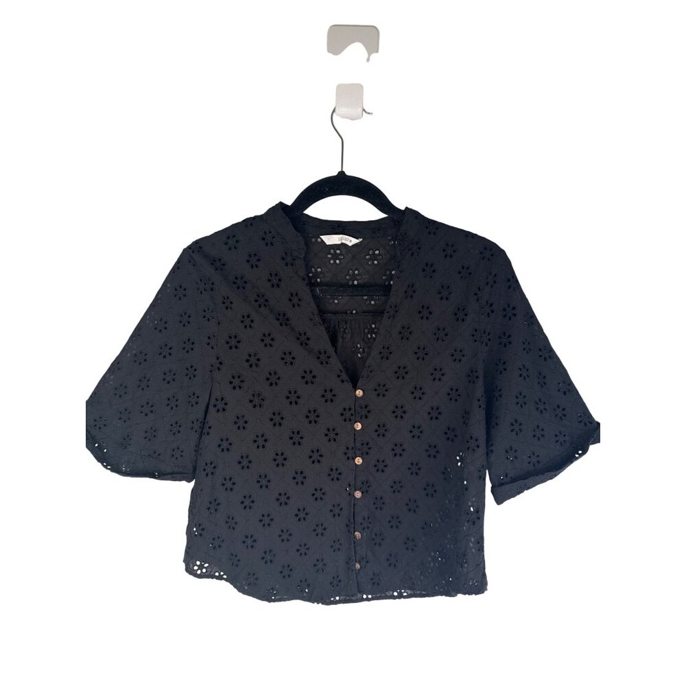 2/$30 ZARA Small Black Eyelet Button-Down Cropped Blouse Short Sleeve - Picture 8 of 14